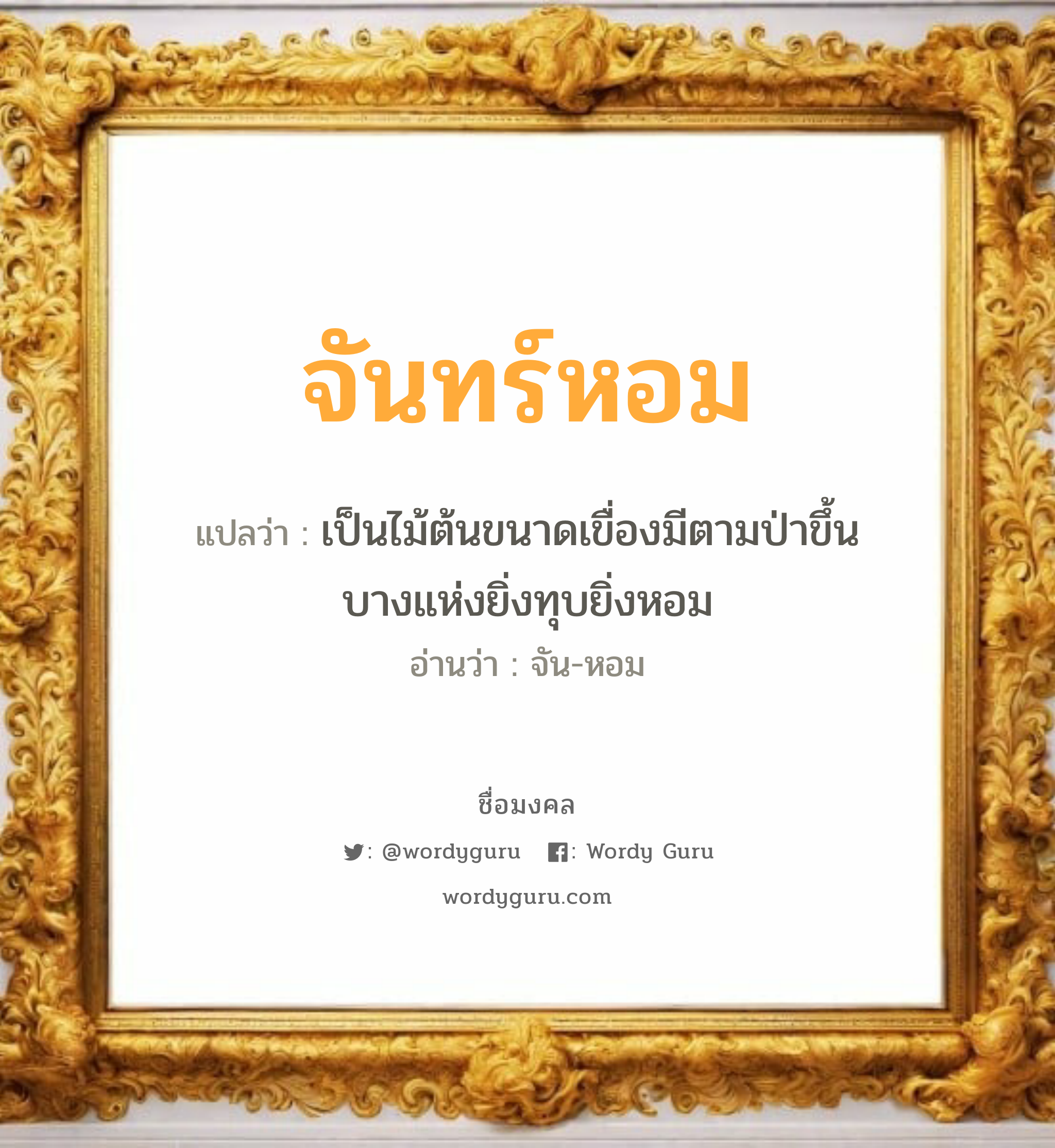 จันทร์หอม แปลว่าอะไร หาความหมายและตรวจสอบชื่อ, ชื่อมงคล จันทร์หอม วิเคราะห์ชื่อ จันทร์หอม แปลว่า เป็นไม้ต้นขนาดเขื่องมีตามป่าขึ้นบางแห่งยิ่งทุบยิ่งหอม อ่านว่า จัน-หอม เพศ เหมาะกับ ผู้หญิง, ลูกสาว หมวด วันมงคล วันอังคาร, วันเสาร์