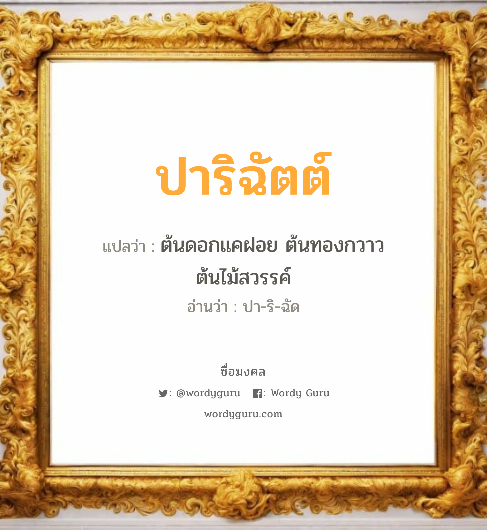 ปาริฉัตต์ แปลว่าอะไร หาความหมายและตรวจสอบชื่อ, ชื่อมงคล ปาริฉัตต์ วิเคราะห์ชื่อ ปาริฉัตต์ แปลว่า ต้นดอกแคฝอย ต้นทองกวาว ต้นไม้สวรรค์ อ่านว่า ปา-ริ-ฉัด เพศ เหมาะกับ ผู้หญิง, ลูกสาว หมวด วันมงคล วันอังคาร, วันเสาร์, วันอาทิตย์