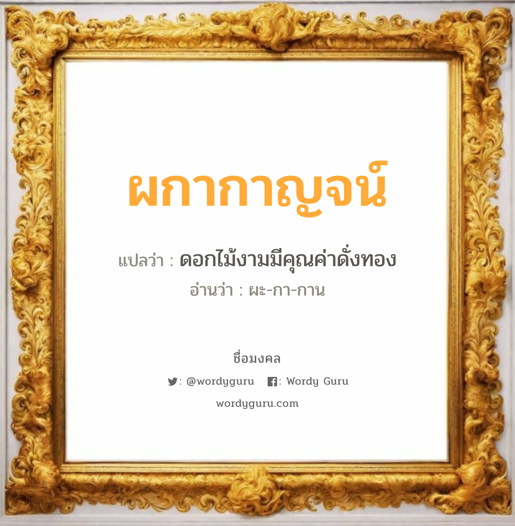 ผกากาญจน์ แปลว่าอะไร หาความหมายและตรวจสอบชื่อ, ชื่อมงคล ผกากาญจน์ วิเคราะห์ชื่อ ผกากาญจน์ แปลว่า ดอกไม้งามมีคุณค่าดั่งทอง อ่านว่า ผะ-กา-กาน เพศ เหมาะกับ ผู้หญิง, ลูกสาว หมวด วันมงคล วันศุกร์, วันเสาร์, วันอาทิตย์