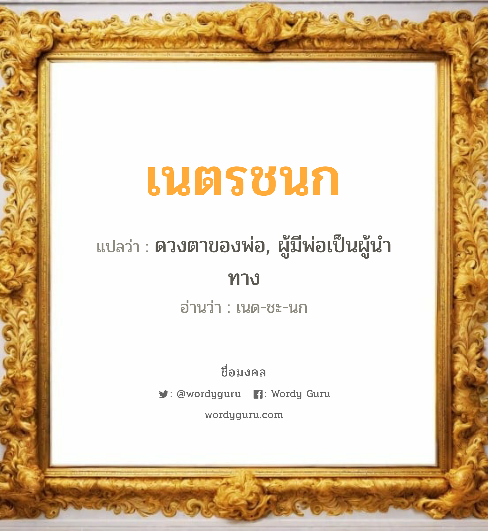 เนตรชนก แปลว่าอะไร หาความหมายและตรวจสอบชื่อ, ชื่อมงคล เนตรชนก วิเคราะห์ชื่อ เนตรชนก แปลว่า ดวงตาของพ่อ, ผู้มีพ่อเป็นผู้นำทาง อ่านว่า เนด-ชะ-นก เพศ เหมาะกับ ผู้หญิง, ลูกสาว หมวด วันมงคล วันพุธกลางคืน, วันเสาร์, วันอาทิตย์